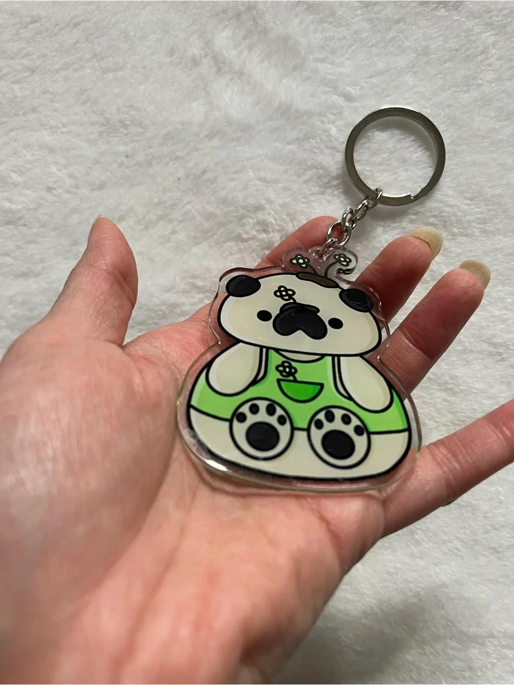 Pug fawn color Cute Pug Keychain - Green Pug Charm. Acrylic flat color.